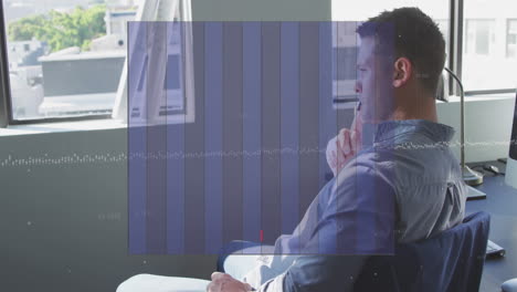 Animation-of-graphs-over-thoughtful-caucasian-man-rotating-chair-and-looking-through-window
