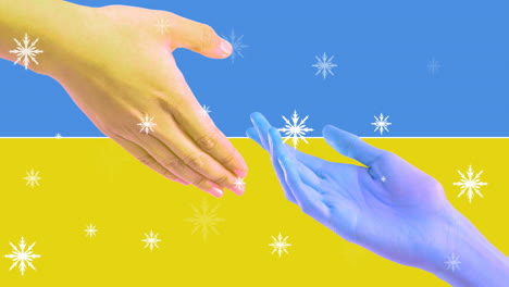 Animation-Von-Schneeflocken-über-Abgeschnittenen-Händen,-Die-Sich-Gegen-Die-Flagge-Der-Ukraine-Vereinen