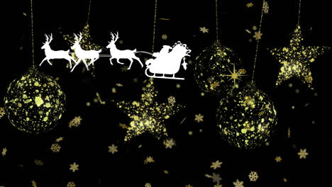 Animation-of-snowflakes-over-santa-claus-in-sleigh-pulled-by-reindeers-and-hanging-decorations
