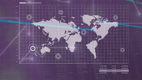 Animation-of-interface-with-world-map-and-data-pocessing-against-purple-background