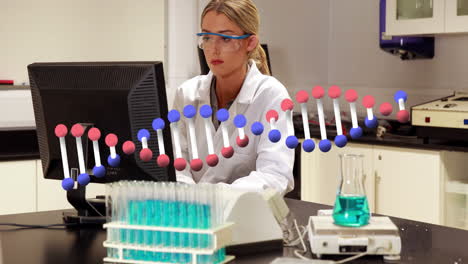Animation-of-dna-spinning-against-caucasian-female-scientist-using-computer-at-laboratory