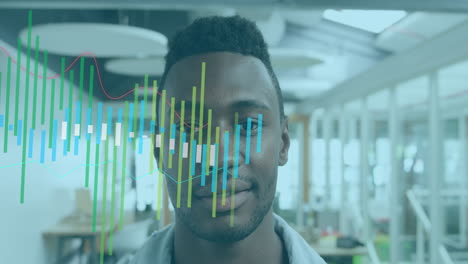 Animation-of-graphs-over-smiling-african-american-man-standing-in-office