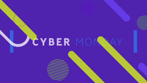 Animation-of-cyber-monday-text-with-geometric-shapes-over-blue-background