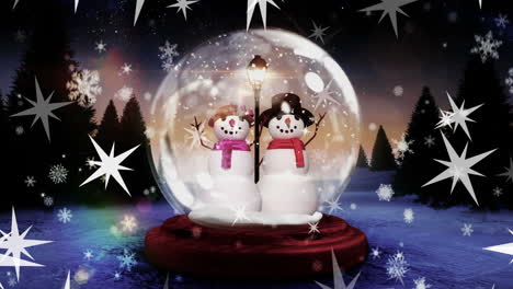 Animation-of-snowflakes-and-stars-over-snowman-in-glass-sphere-against-trees-on-snow-covered-land