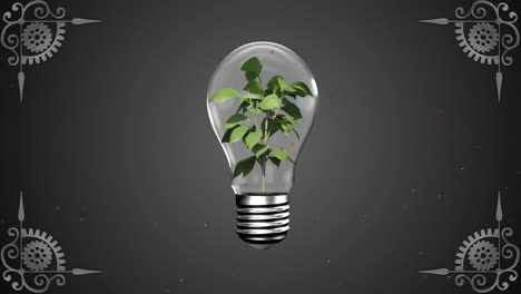 Animation-of-plant-sampling-inside-a-electric-bulb-against-design-pattern-on-grey-background