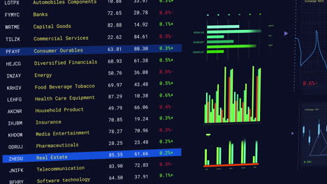 Animation-of-multicolored-graphs-and-trading-board-over-black-background