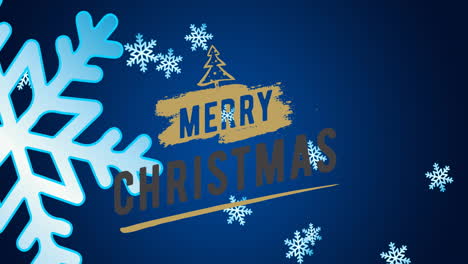 Animation-of-merry-christmas-text-with-christmas-tree-and-snowflakes-on-blue-background
