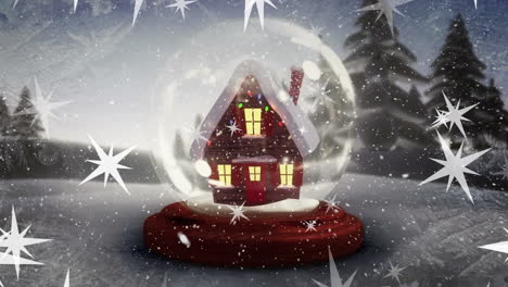 Animation-of-stars-and-snowfall-on-house-in-glass-sphere-against-snow-covered-trees