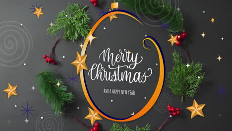 Animation-of-merry-christmas-and-happy-new-year-text-with-decorations-on-grey-background