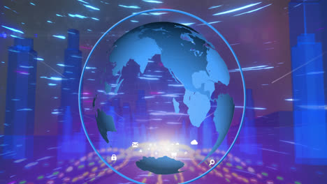 Animation-of-globe,-digital-icons-and-glowing-light-trails-against-3d-city-model