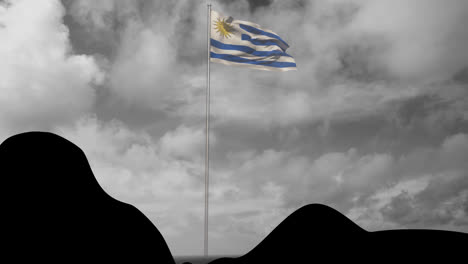 Animation-of-mountain-with-waving-flag-of-uruguay-on-pole-against-cloudy-sky