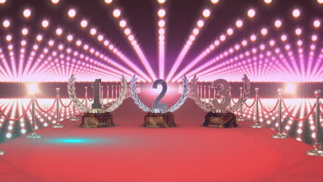 Animation-of-1,2,3-numbers-on-podiums-over-red-carpet-against-illuminating-lights