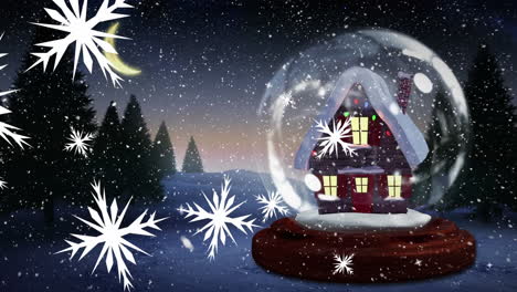 Animation-of-snowflakes-and-snowfall-on-house-in-glass-sphere-against-trees-and-night-sky