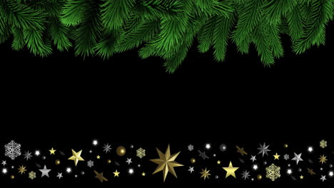 Animation-of-tree-leaves,-stars,-snowflakes,-baubles-and-stars-over-black-background