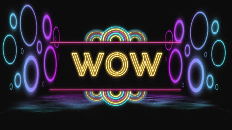Animation-of-wow-text-in-yellow-neon-and-colourful-neon-rings-on-black-background