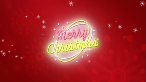 Animation-of-merry-christmas-text-illuminating-and-snowflakes-moving-on-red-background