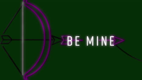 Animation-of-be-mine-text-with-illuminating-bow-and-arrow-on-green-background