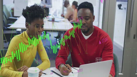 Animation-of-multiple-graphs-with-changing-numbers,-african-american-coworkers-discussing-in-office