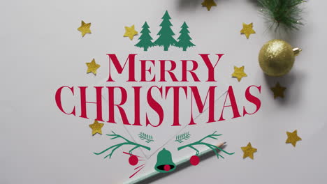 Animation-of-merry-christmas-text-and-christmas-trees-over-decorations