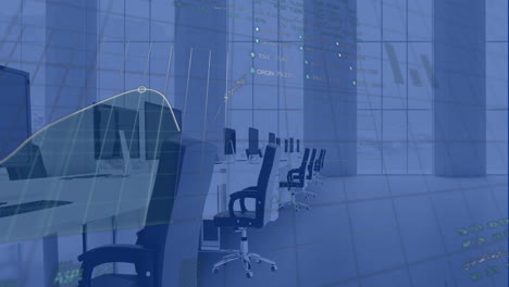 Animation-Mehrerer-Diagramme-Und-Handelstafeln-über-Unbesetzten-Stühlen-Und-Computer-Im-Büro