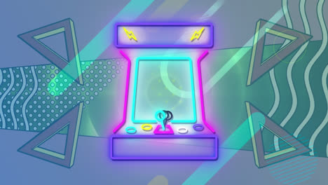 Animation-Eines-Neonfarbenen-Retro-Videospielsymbols-Vor-Abstrakten-Formenmustern-Auf-Violettem-Hintergrund