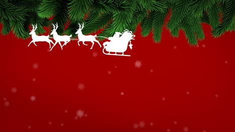 Animation-Von-Schneeflocken-über-Dem-Weihnachtsmann-Im-Schlitten,-Der-Von-Rentieren-Vor-Rotem-Hintergrund-Gezogen-Wird