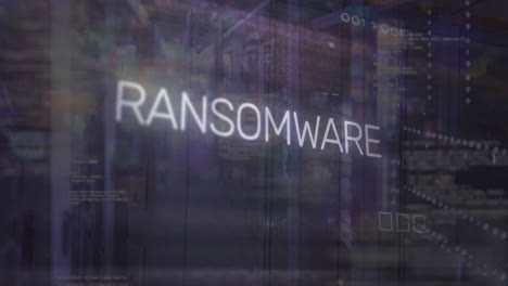 Animation-of-ransomware,-computer-language,-circuit-board-pattern-over-data-server-room