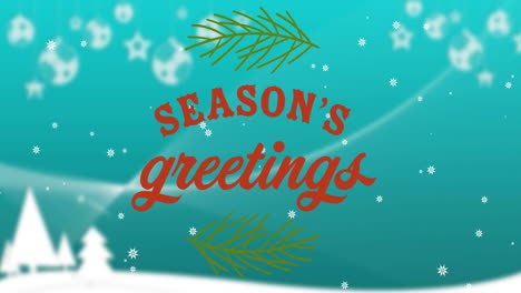 Animation-of-season-greetings-text-with-leaves-and-snow-moving-on-blue-background