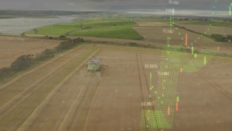 Animation-of-graphs-with-numbers-over-aerial-view-of-tractor-in-field-against-sky