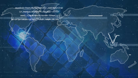 Animation-Der-Datenverarbeitung-über-Der-Weltkarte-Vor-Lichtflecken-Und-Quadratischen-Formen-Auf-Blauem-Hintergrund