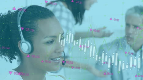 Animation-of-graphs,-changing-numbers,-biracial-female-customer-representative-talking-on-headphones