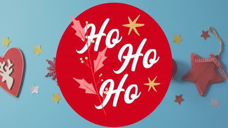Animation-of-ho-ho-ho-text-in-circle-over-reindeer-in-heart,-stars-against-blue-background