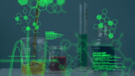 Animation-of-programming-language-and-molecular-structure-over-beakers-with-chemical-in-laboratory
