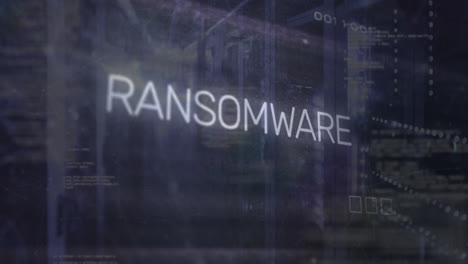 Animation-of-ransomware-text,-computer-language,-binary-codes,-circuit-board-pattern,-server-room