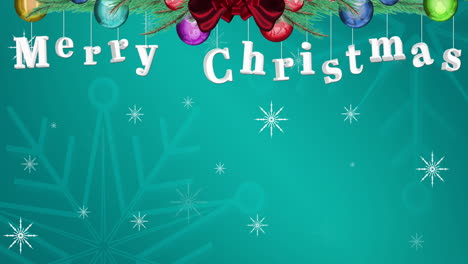 Animation-Eines-Frohe-Weihnachts-Textes-Mit-Dekorationen-Und-Schneeflocken-Auf-Blauem-Hintergrund