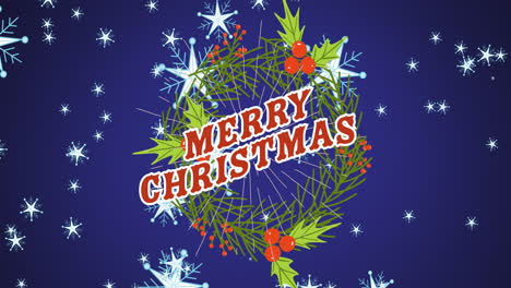 Animation-of-merry-christmas-text-with-wreath-and-snowflakes-moving-on-blue-background