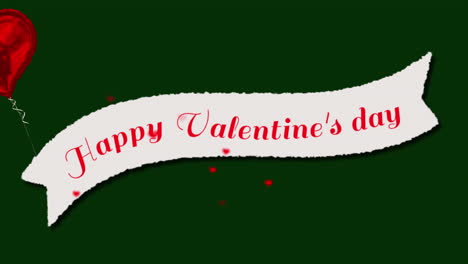 Animation-of-white-ribbon-with-happy-valentine's-day-text,-heart-shape-balloon-on-green-background