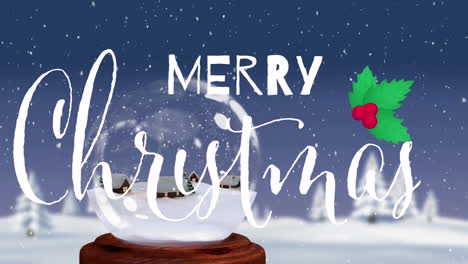 Animation-Des-Textes-„Frohe-Weihnachten“,-Schneebedeckte-Häuser-In-Glaskugel-Vor-Schneebedeckten-Bäumen