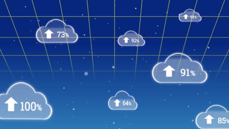 Animation-of-up-arrow-and-changing-numbers-with-percentile-in-clouds-over-blue-background
