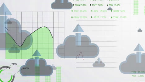 Animation-of-arrow-in-clouds-with-multiple-graphs-and-trading-boards-over-white-background