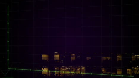 Animation-Von-Diagrammen-Und-Gittermustern-über-Beleuchtetem-Modernen-Gebäude-Im-Hintergrund