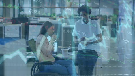 Animation-of-stock-market-data-processing-over-diverse-man-and-woman-having-snacks-at-office