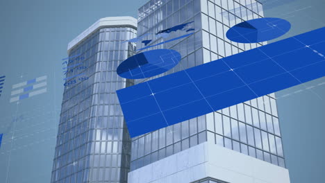 Animation-of-blue-colored-infographic-interface-over-modern-buildings-against-sky