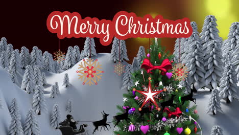 Animation-of-merry-christmas-text,-christmas-tree,-reindeer-sleigh,-snow-covered-mountain-and-trees