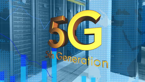 Animation-of-5g,-5th-generation-text-with-graphs,-changing-numbers,-map-over-data-server-room