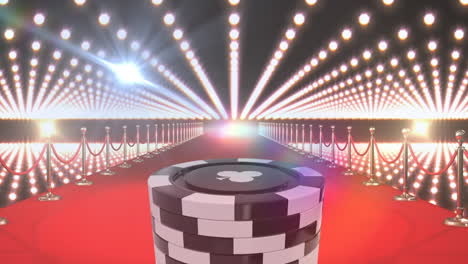 Animation-of-casino-coins-on-red-carpet-against-illuminated-light