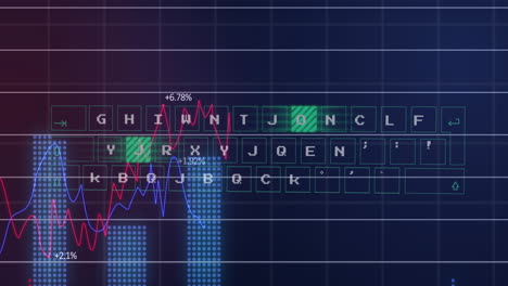 Animation-of-illuminated-pattern-moving-on-keyboard-with-multiple-graphs-and-changing-numbers