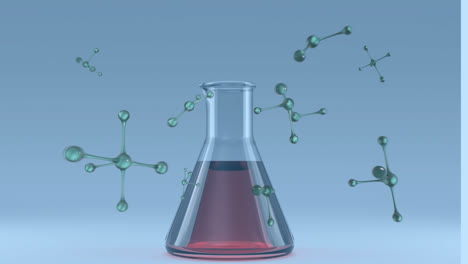 Animation-of-floating-nucleotides-and-liquid-filled-conical-flask-against-blue-background