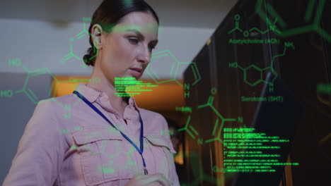 Animation-of-chemical-structures-against-caucasian-female-engineer-using-laptop-at-server-room