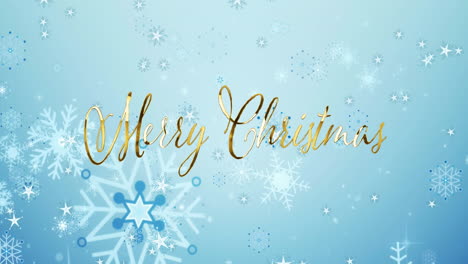 Animation-of-merry-christmas-text-shining-and-snowflakes-falling-on-blue-background